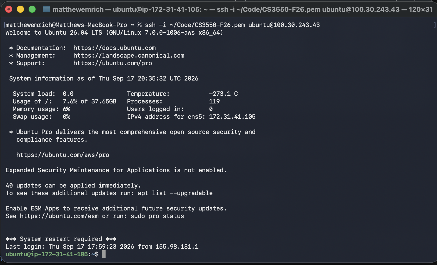 Terminal window showing a successful SSH connection to an Ubuntu EC2 server
